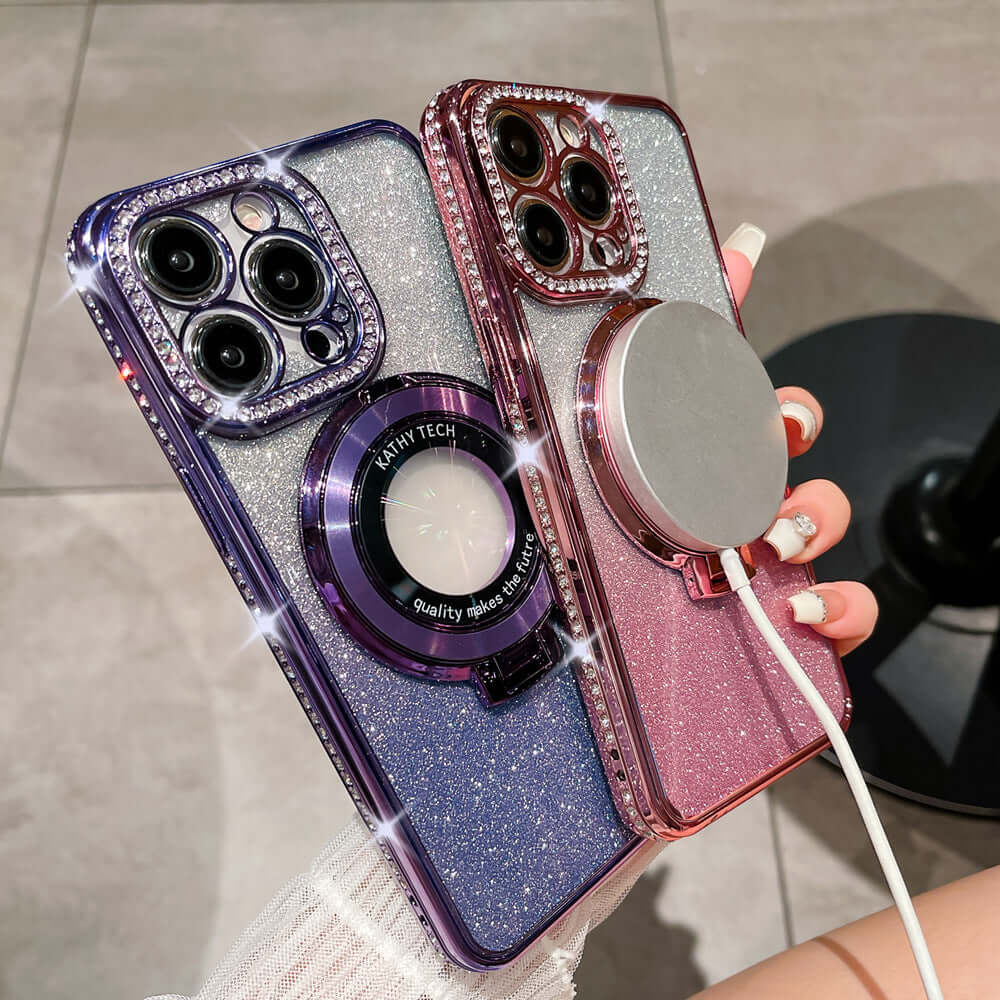 Glitter TPU electroplating magnetic bracket phone cases in purple and pink, showcasing shockproof and trendy design.