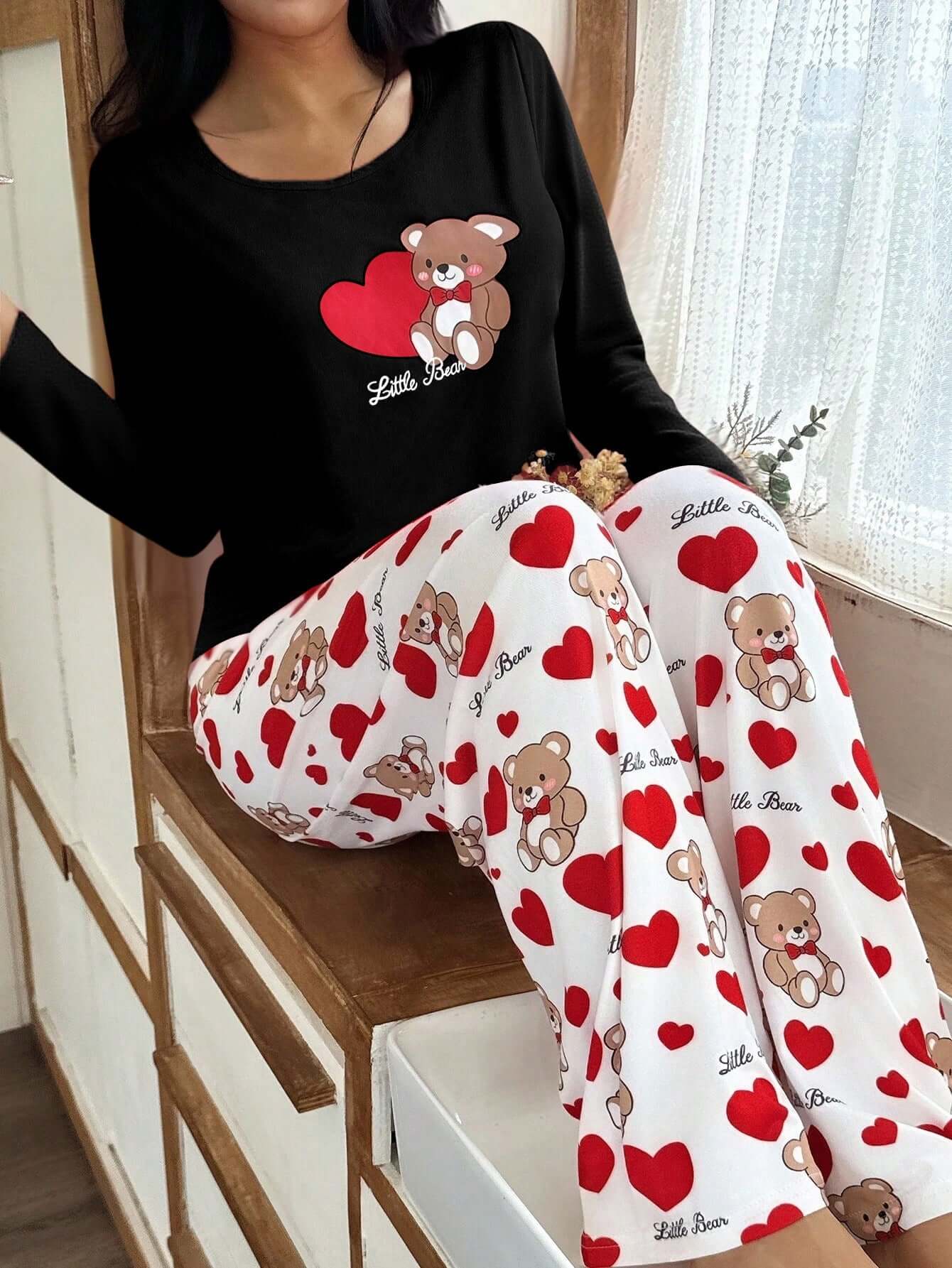 Womens Crew - Neck Bear And Heart Print Long - Sleeve Pajama Set With Long Pants - DBMP (Electronics And More Store)