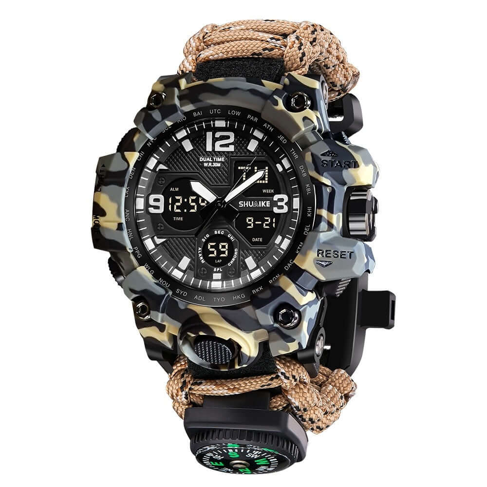 Double display electronic watch with whistle, ignition, compass, and thermometer in camouflage design.