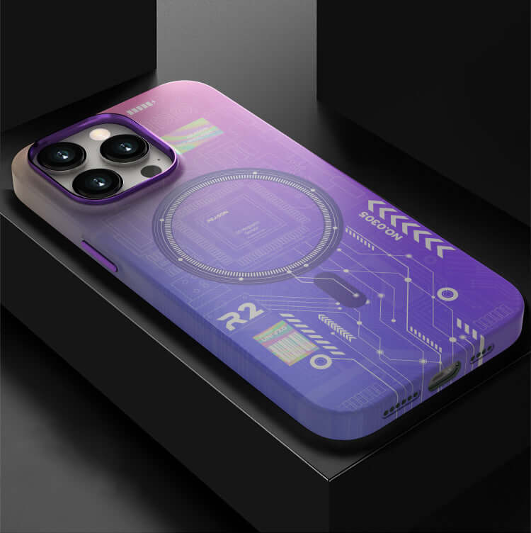Back cover luminous magnetic phone case in gradient purple design, compatible with various iPhone models.
