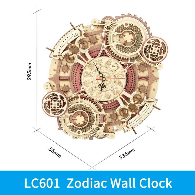 Robotime ROKR LC601 Zodiac Wall Clock 3D Wooden Puzzle, dimensions 335x295x55mm, ideal assembly gift for kids and teens.