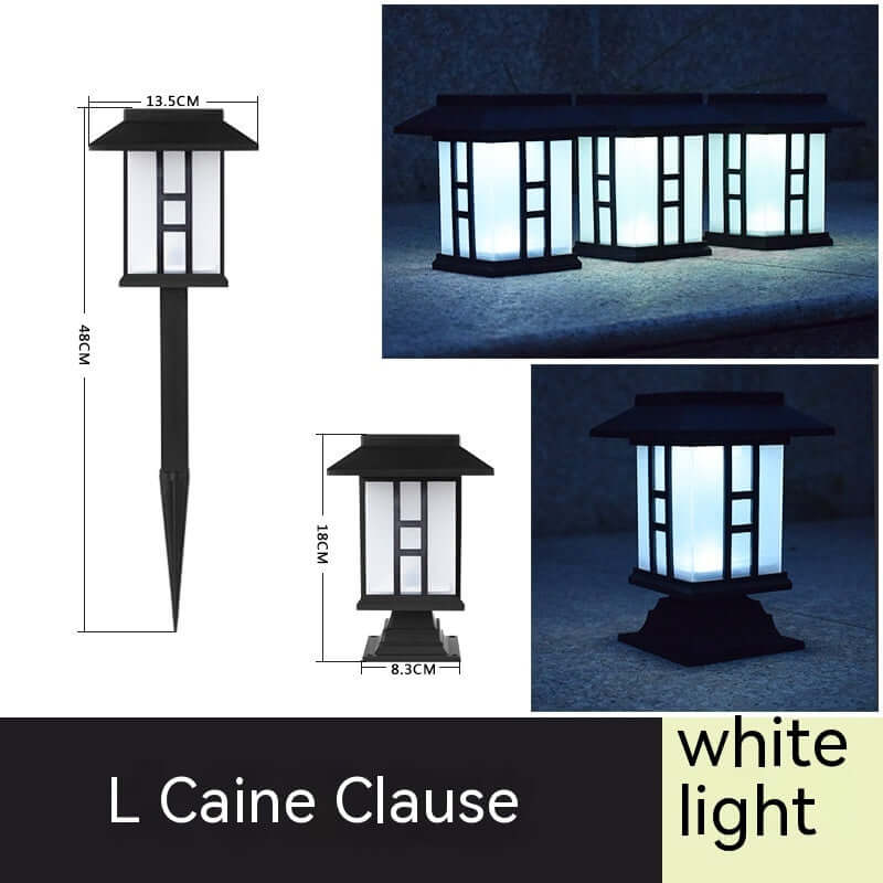 Solar powered L Caine Clause lamp showcasing a white light design in a courtyard garden, featuring stylish lattice patterns.