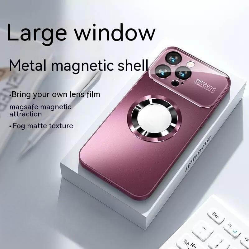 Large window metal magnetic shell phone case in dark purple with fog matte texture and MagSafe magnetic attraction.