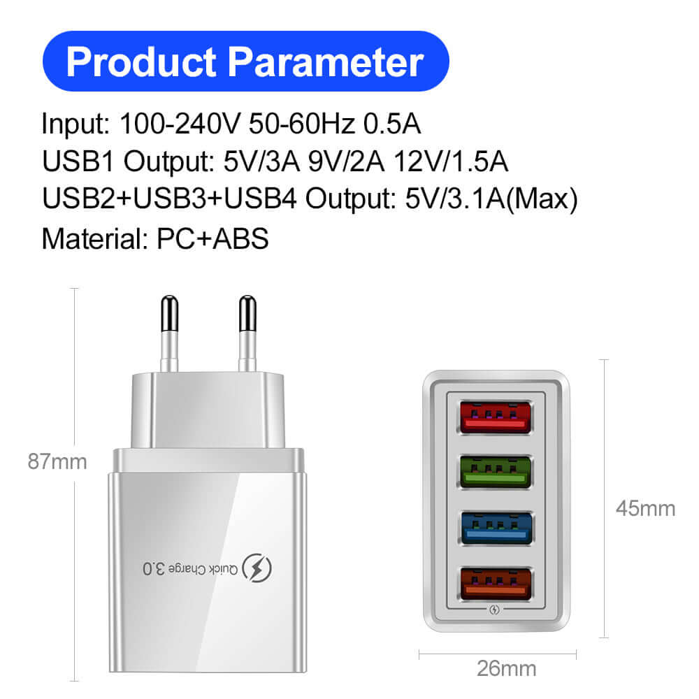 USB Charger Quick Charge 3.0 adapter showing product specifications and dimensions, 4 USB ports for fast charging.