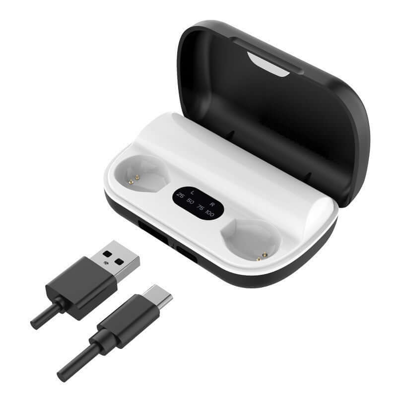 TWS wireless Bluetooth headset charging case with USB and USB-C cables, featuring a sleek black and white design.