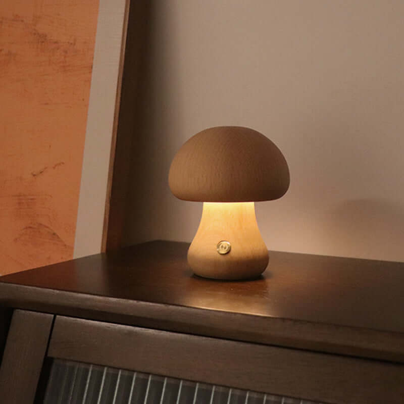 Wooden mushroom LED night light with touch switch, perfect bedside lamp for children's room and home decor.