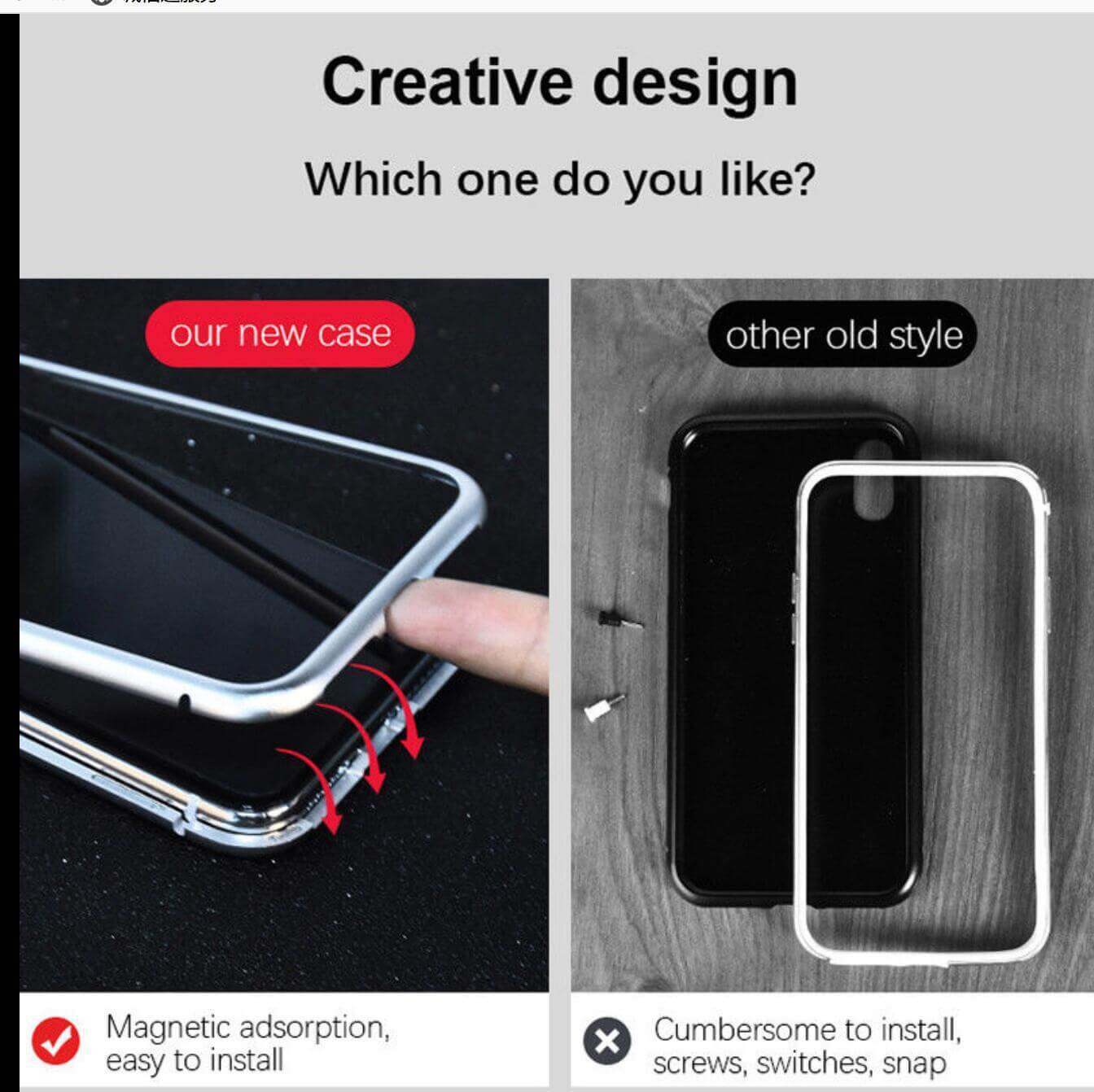Comparison of new magnetic tempered glass protector with old style, showcasing easy installation features.