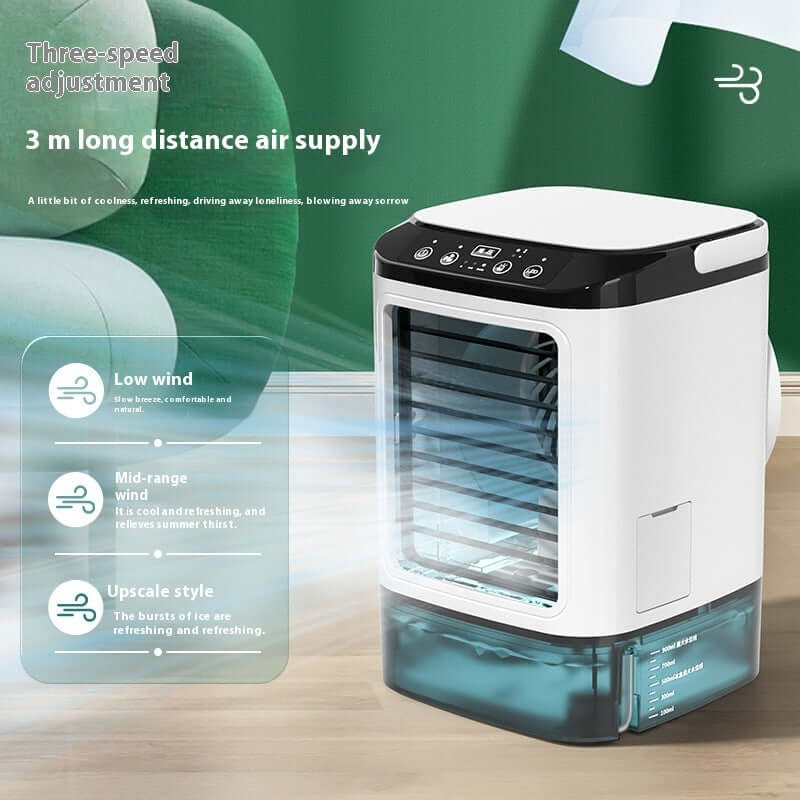 Three-speed portable air cooler with low, mid-range wind settings and 3m cooling distance for comfortable airflow.
