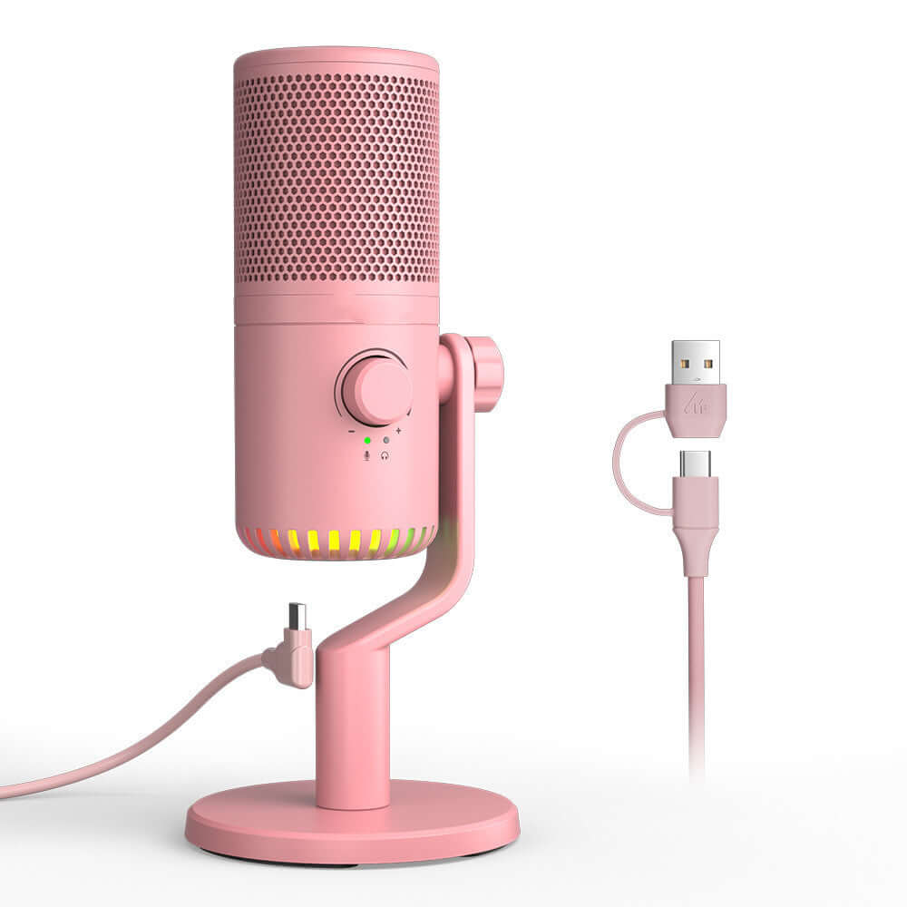 Pink USB condenser microphone on a stand with adjustable volume, ideal for home recording and streaming.