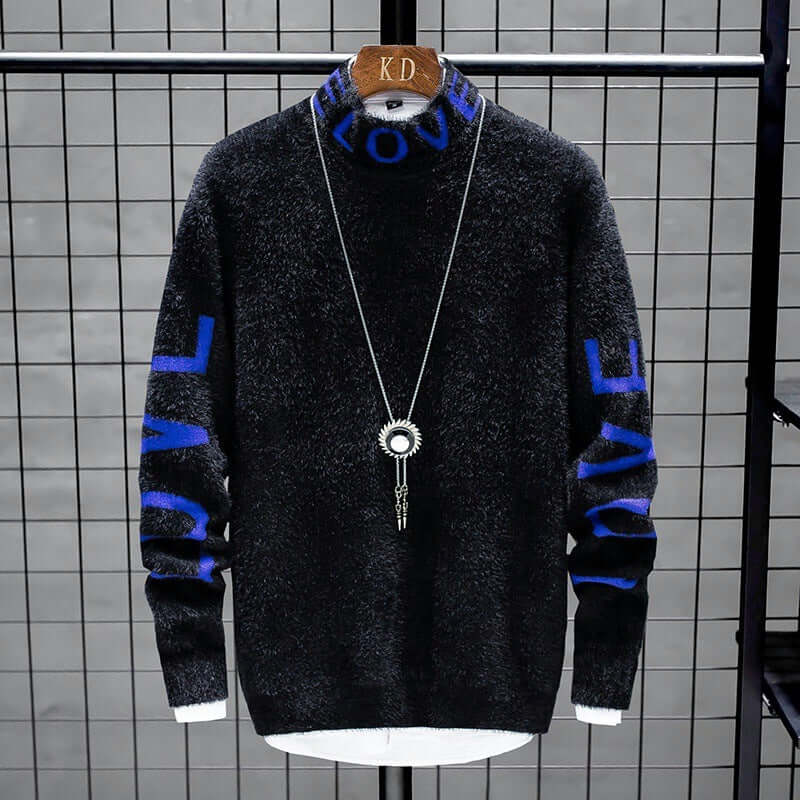 Men's high neck loose sweater in black with blue 'LOVE' print, featuring a casual style and slim fit.