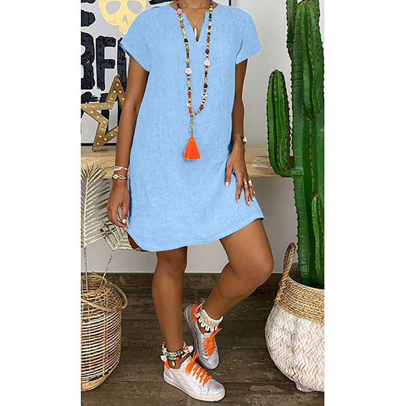 Womens Summer Casual Solid Color V Neck Short Sleeve Dresses Boho Beach Sundresses - DBMP Shop