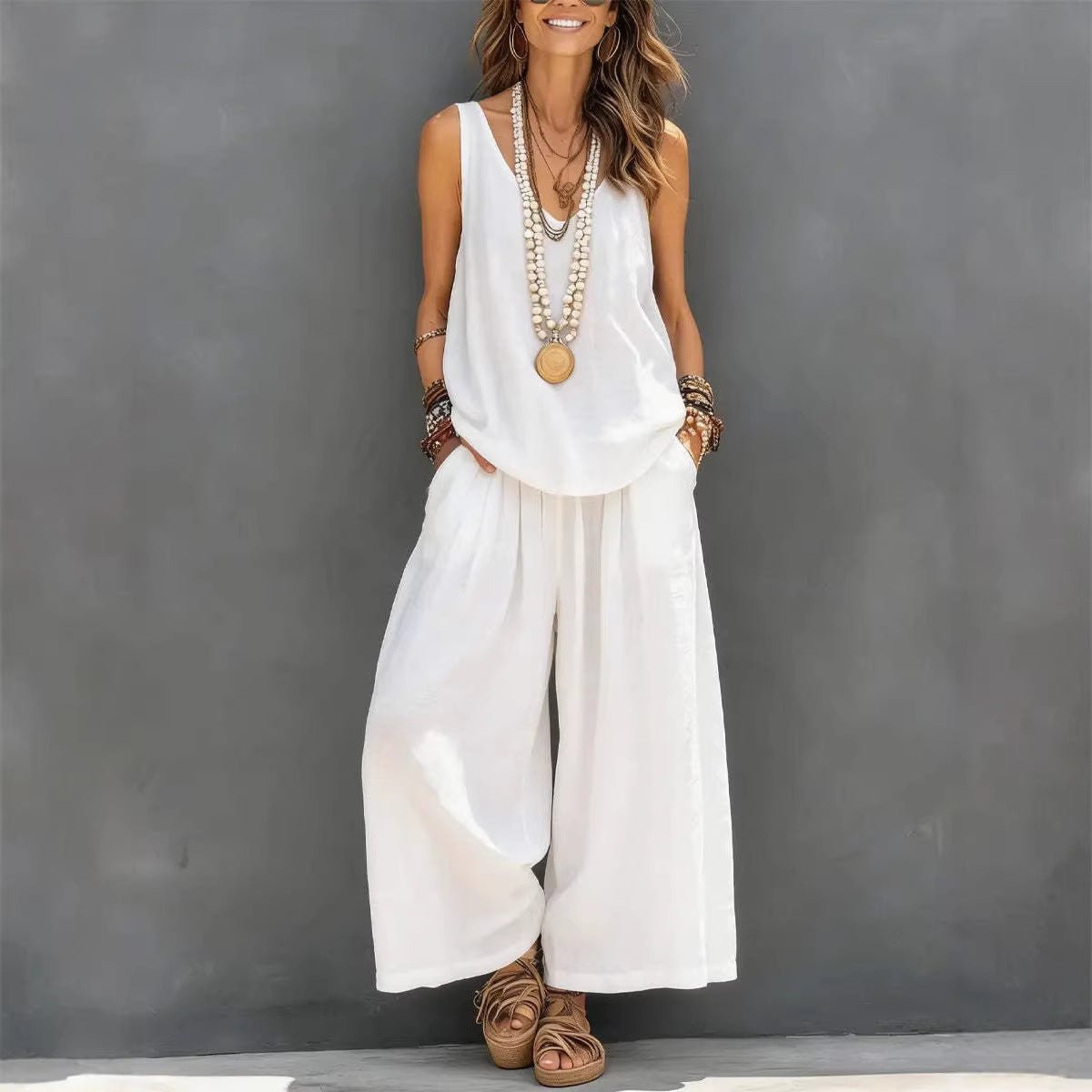 Womens Solid - Colored Casual Sleeveless Tank Top And Wide - Leg Pants Cotton - Linen Set For Daily Wear Holiday Outfit - DBMP (Electronics And More Store)
