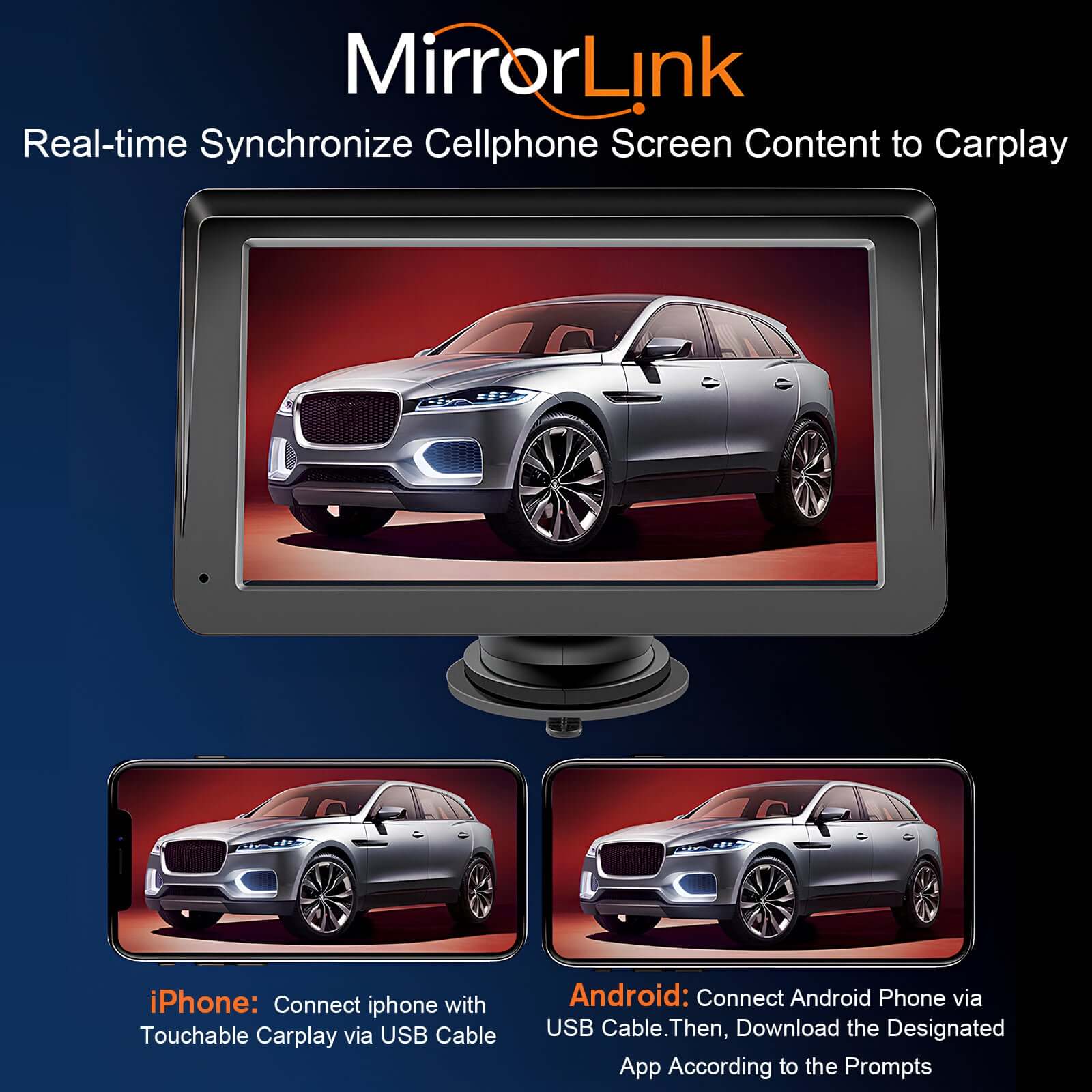 Car navigation monitor showcasing MirrorLink for real-time cellphone screen synchronization with iPhone and Android devices.