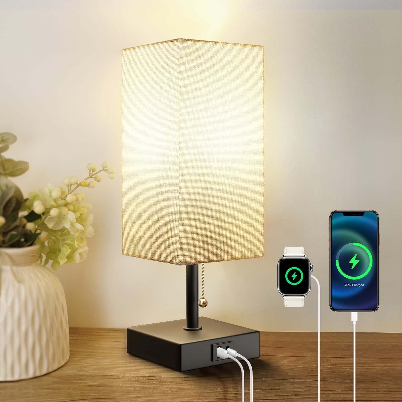 Bedside table lamp with USB ports, warm light glow, pull chain for easy control, ideal for reading or working.