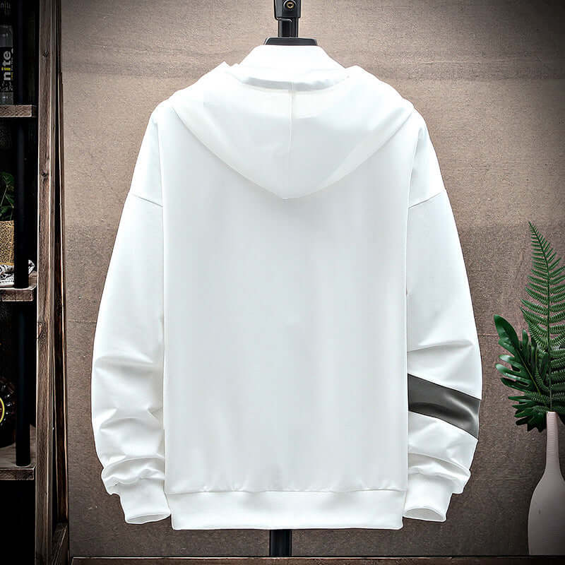 Back view of a white hooded long-sleeved sweater for men, featuring a sleek design and casual style.
