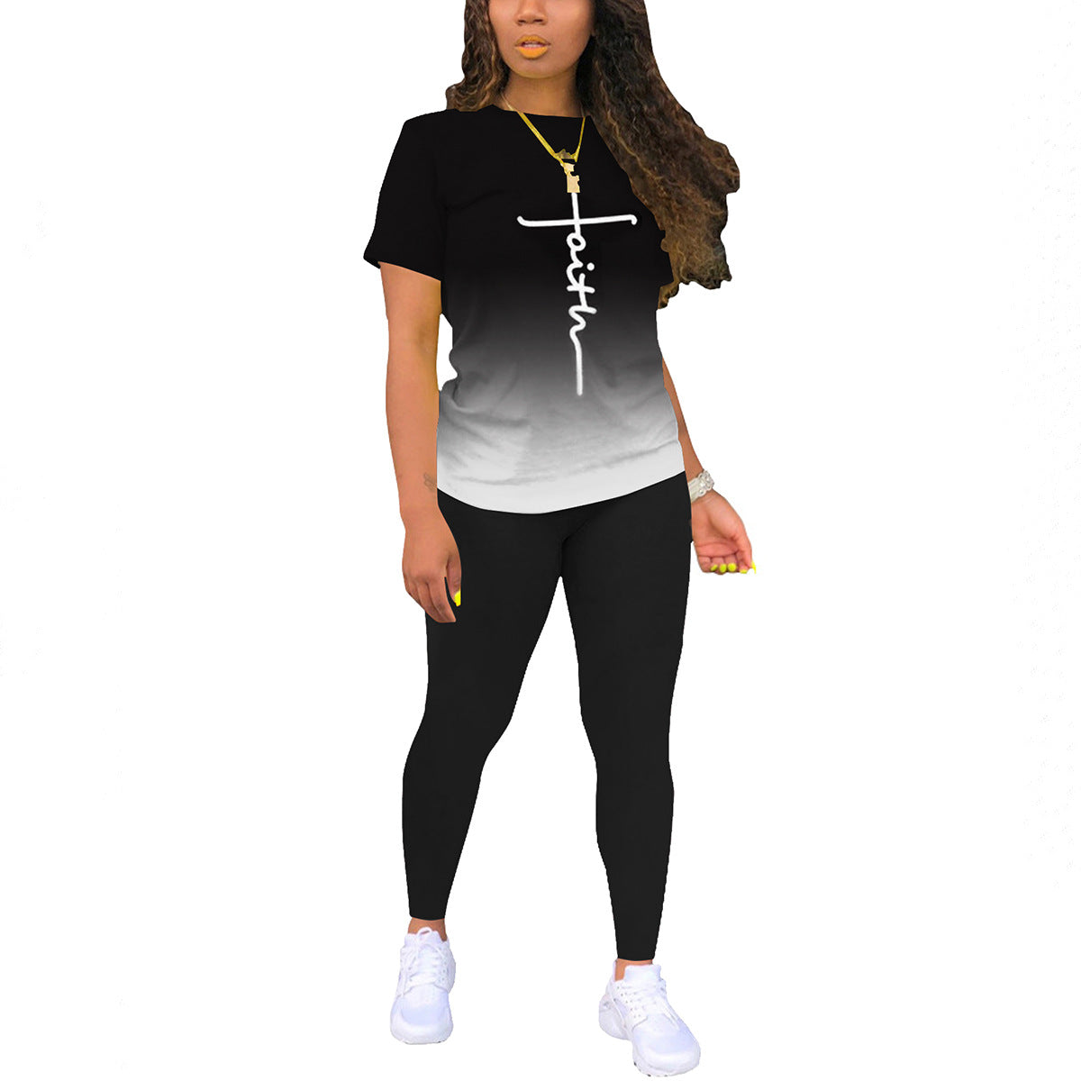 Printed Crewneck Short-Sleeve T-Shirt Top And Pants Womens Outfit