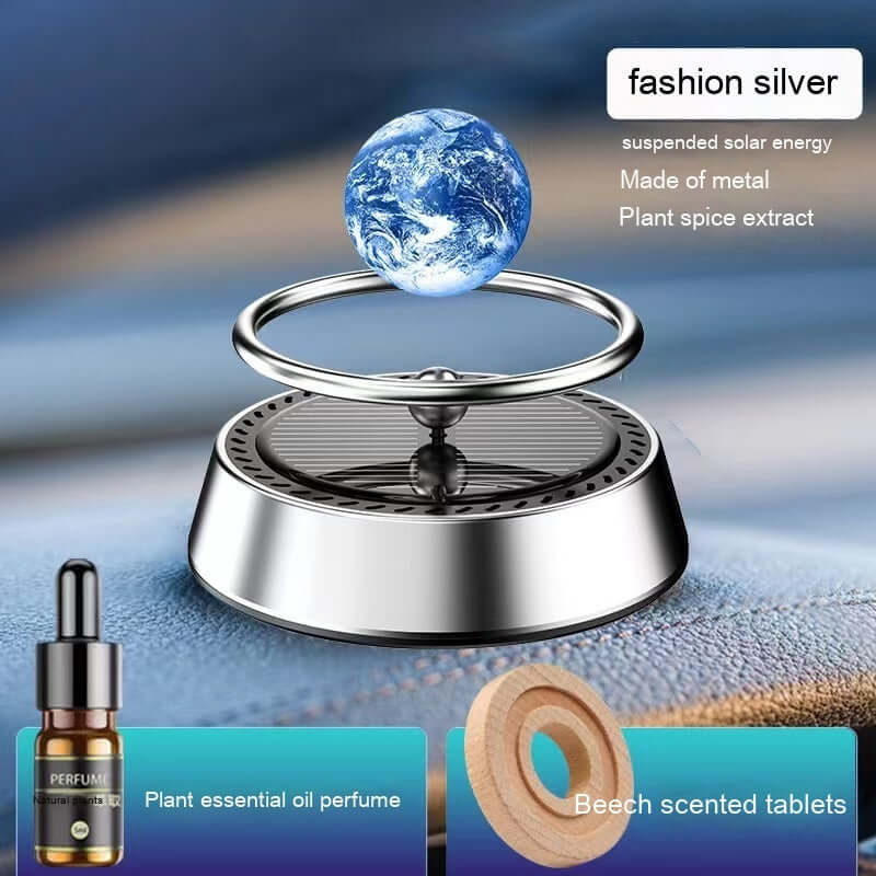 Floating planet car ornament made of aluminum and zinc alloy, featuring essential oil and scented tablets.
