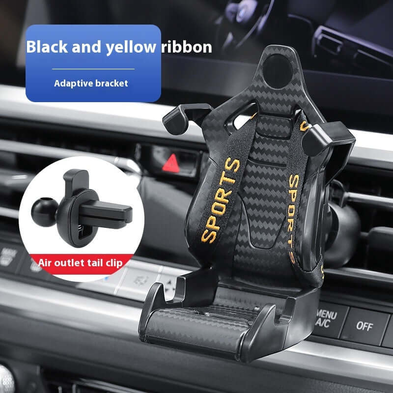 Racing seat shape car phone holder in black and yellow, featuring adaptive bracket and air outlet tail clip for secure mounting.