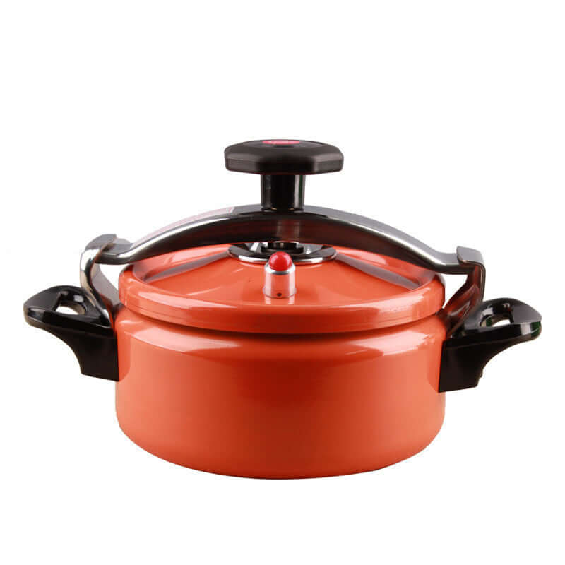 Orange aluminum pressure cooker for gas and induction stovetops, 2L capacity, stylish Chinese design.