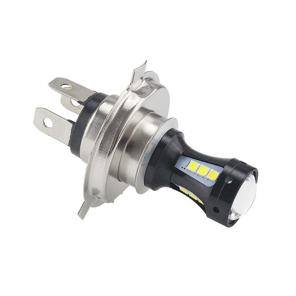 H4 LED motorcycle bulb with aluminum base, two-tone design, 800LM brightness, waterproof IP67 rating.