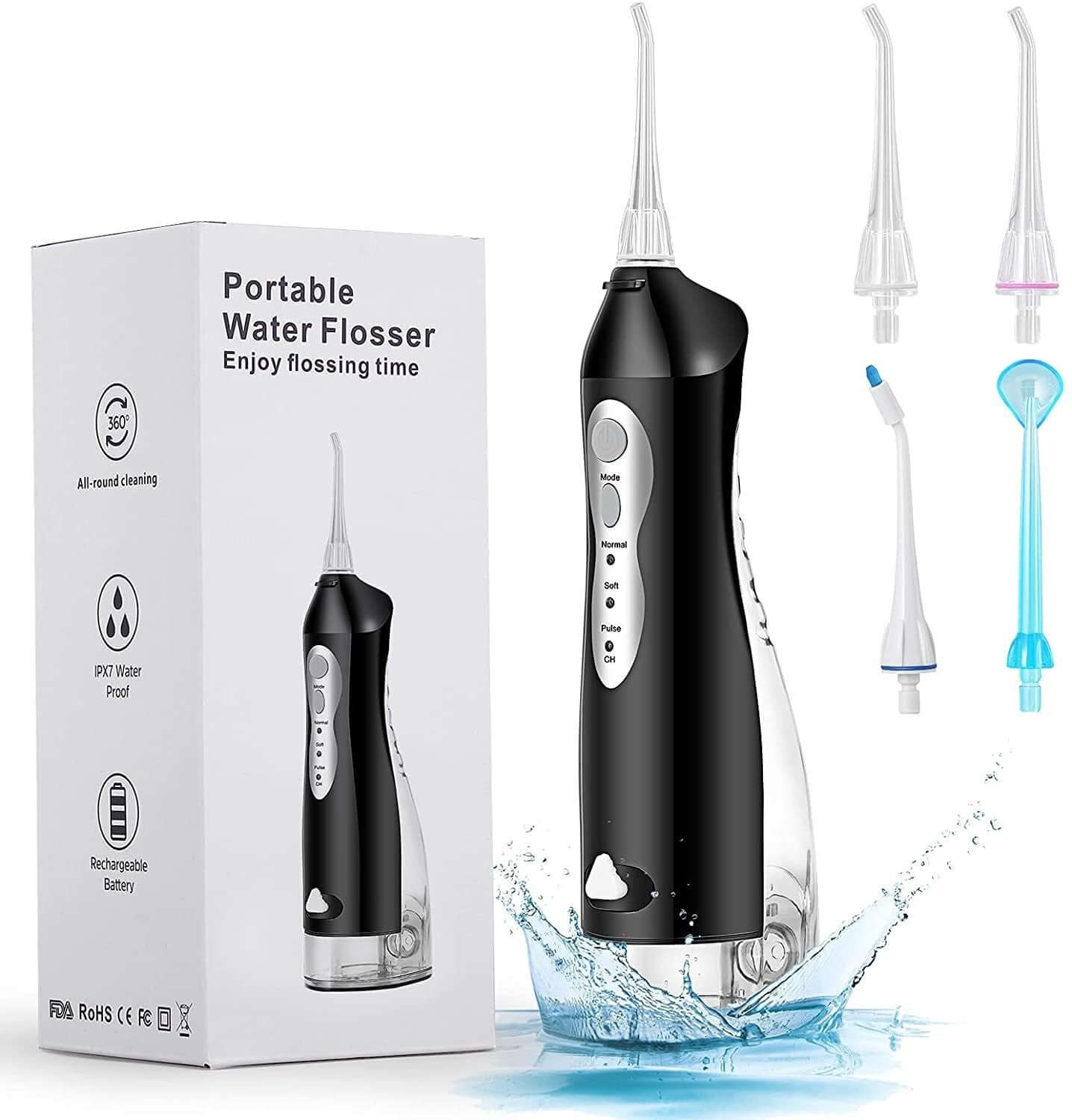 Hand-held portable water flosser with multiple nozzles and black design, ideal for efficient dental care.