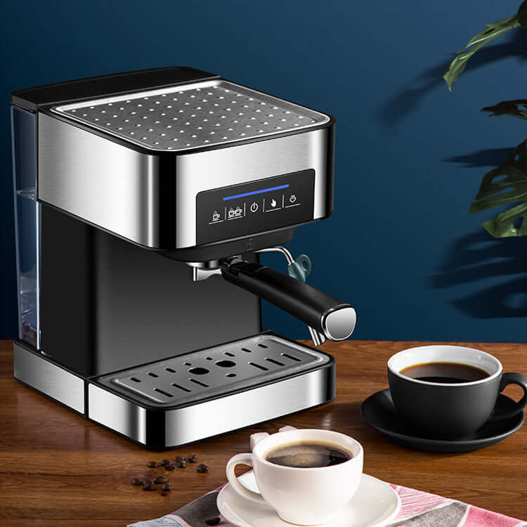 Home Smart Home Espresso Machine with touch button, steam frother, 1.6L capacity, and two cups of coffee.