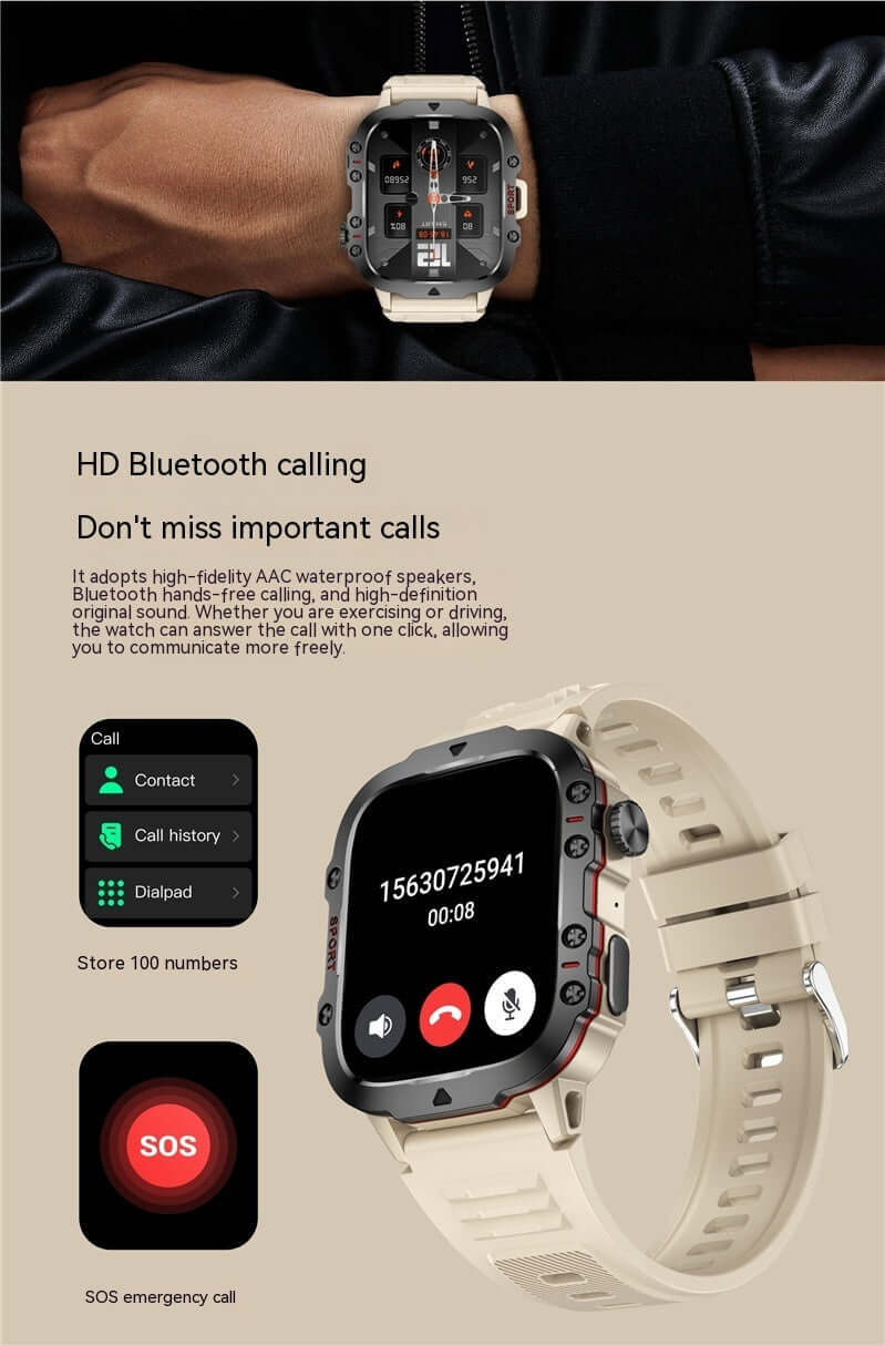 New QX11 Smart Bluetooth Watch with HD calling, SOS function, and waterproof design in khaki color.