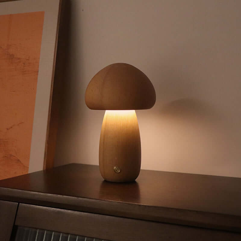INS Wooden Cute Mushroom LED Night Light with touch switch, warm bedside lamp for children's bedroom decor.