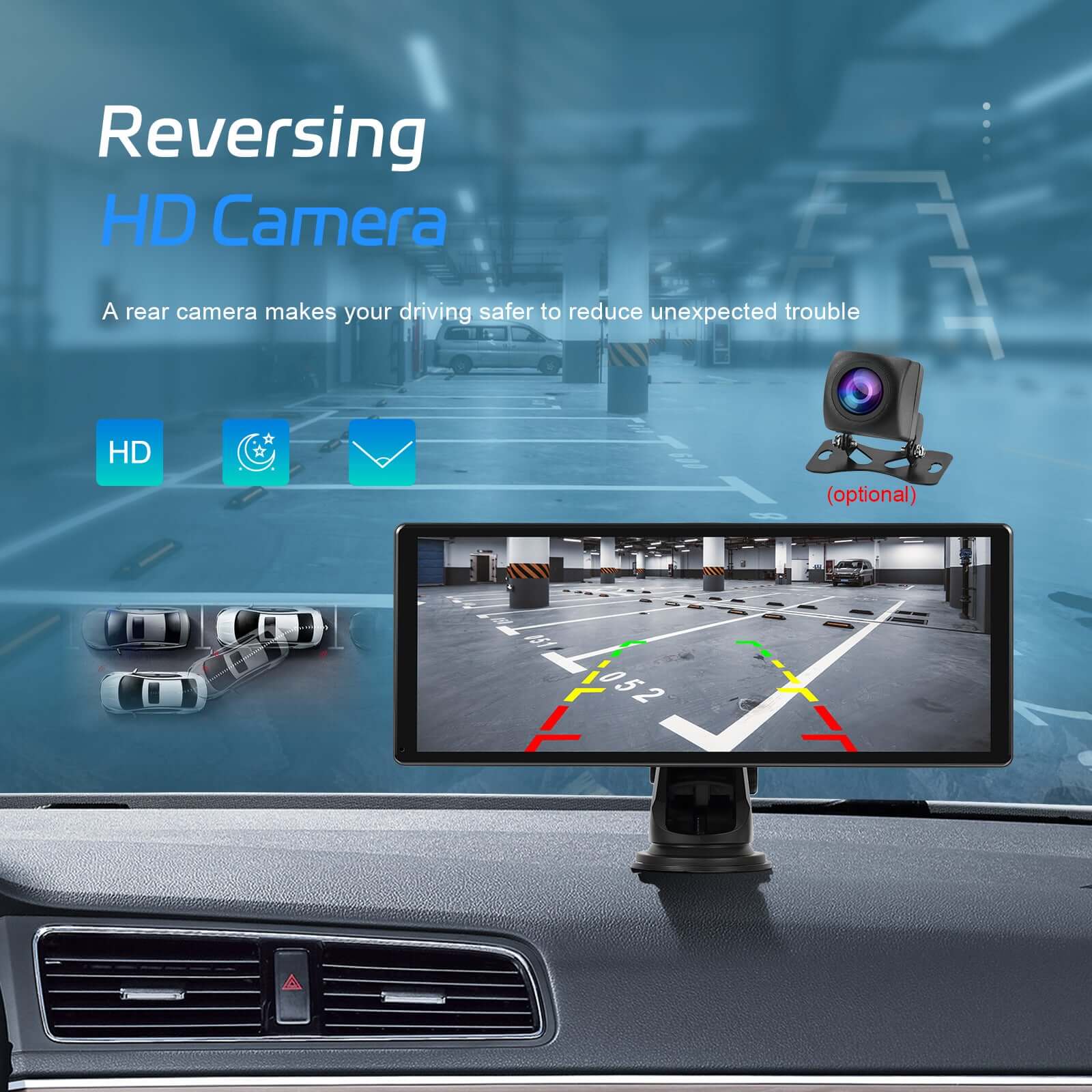 Full Touch HD display showing reversing camera assistance for safer parking and driving.