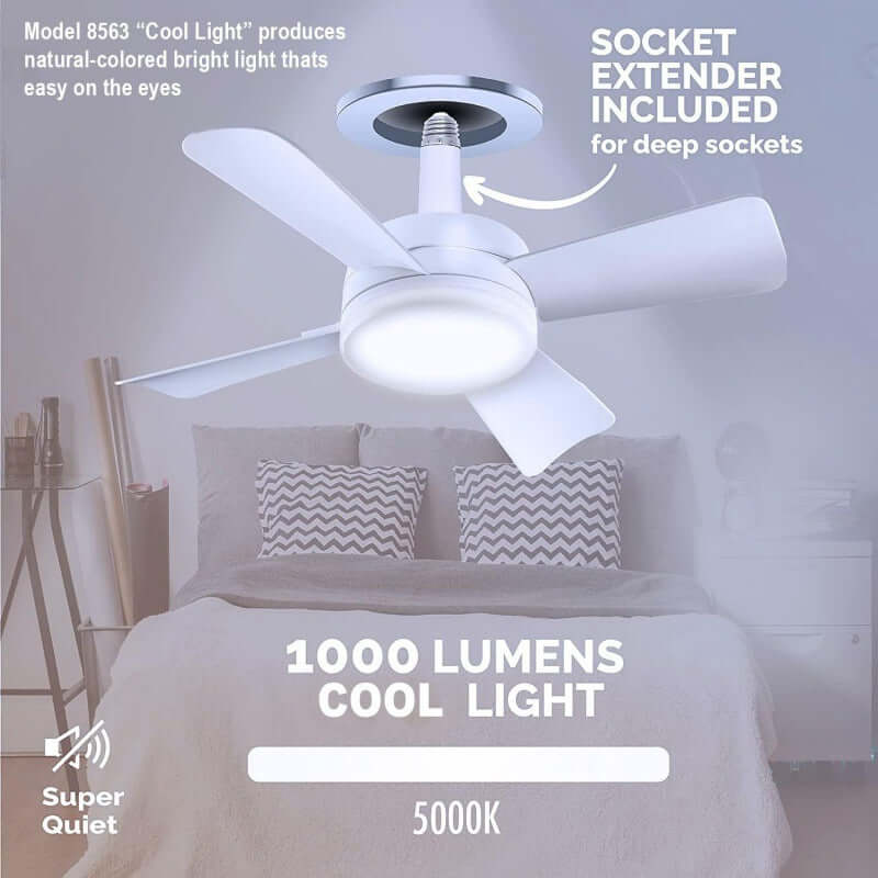 Socket Fan Light with LED, 1000 lumens, remote control, ideal for dark rooms, super quiet operation.