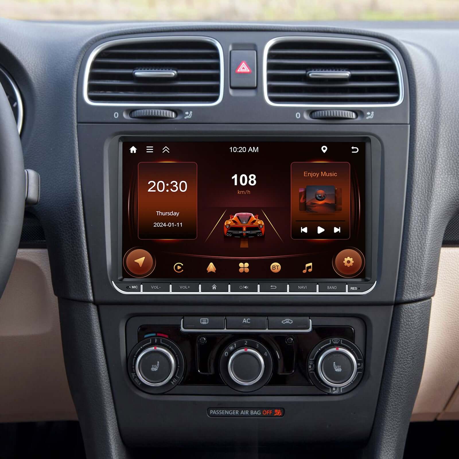 Vehicle navigation player with touchscreen display showing music and time in a car interior.