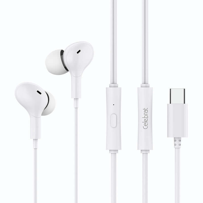 Celebrat Type-C in-ear headphones, white color, 1.2m line length, features inline microphone and remote control.