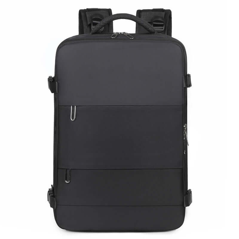 Sleek black travel backpack for women, featuring large capacity and minimalist business style design.