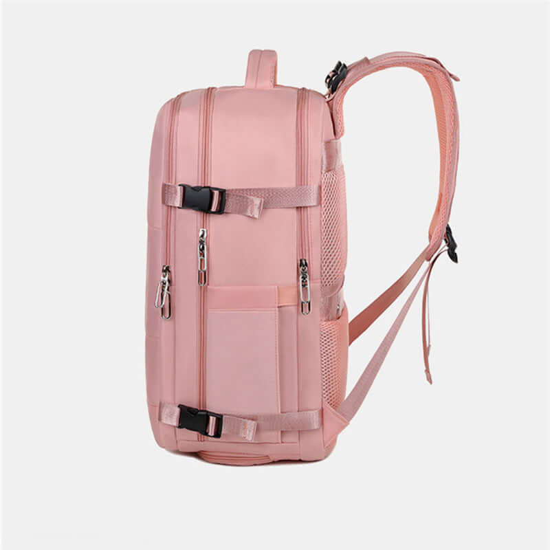 Stylish pink large-capacity travel backpack for women, perfect for college and business use, featuring comfortable straps.