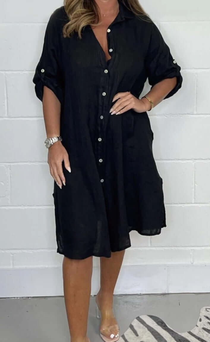 Black loose casual half sleeve solid color cotton linen shirt dress on model, featuring A-line skirt design.