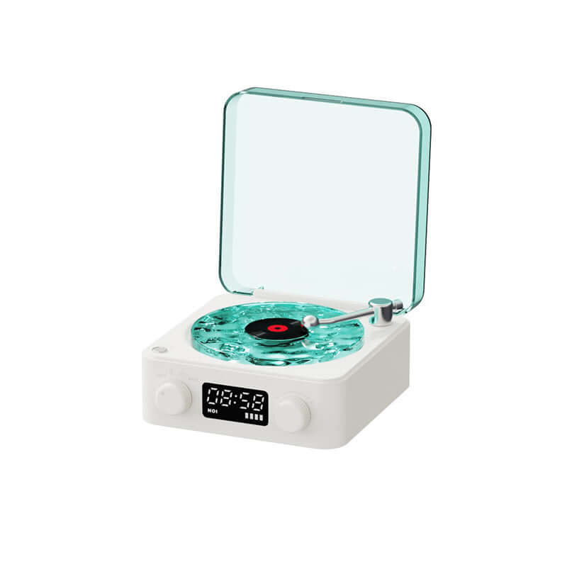 Retro Bluetooth turntable speaker with a transparent cover and vinyl record, featuring a modern design.