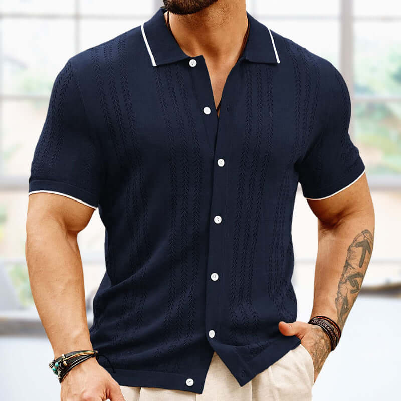 Men's summer short-sleeved polo shirt in navy, stylish button-up design, perfect for casual or business wear.