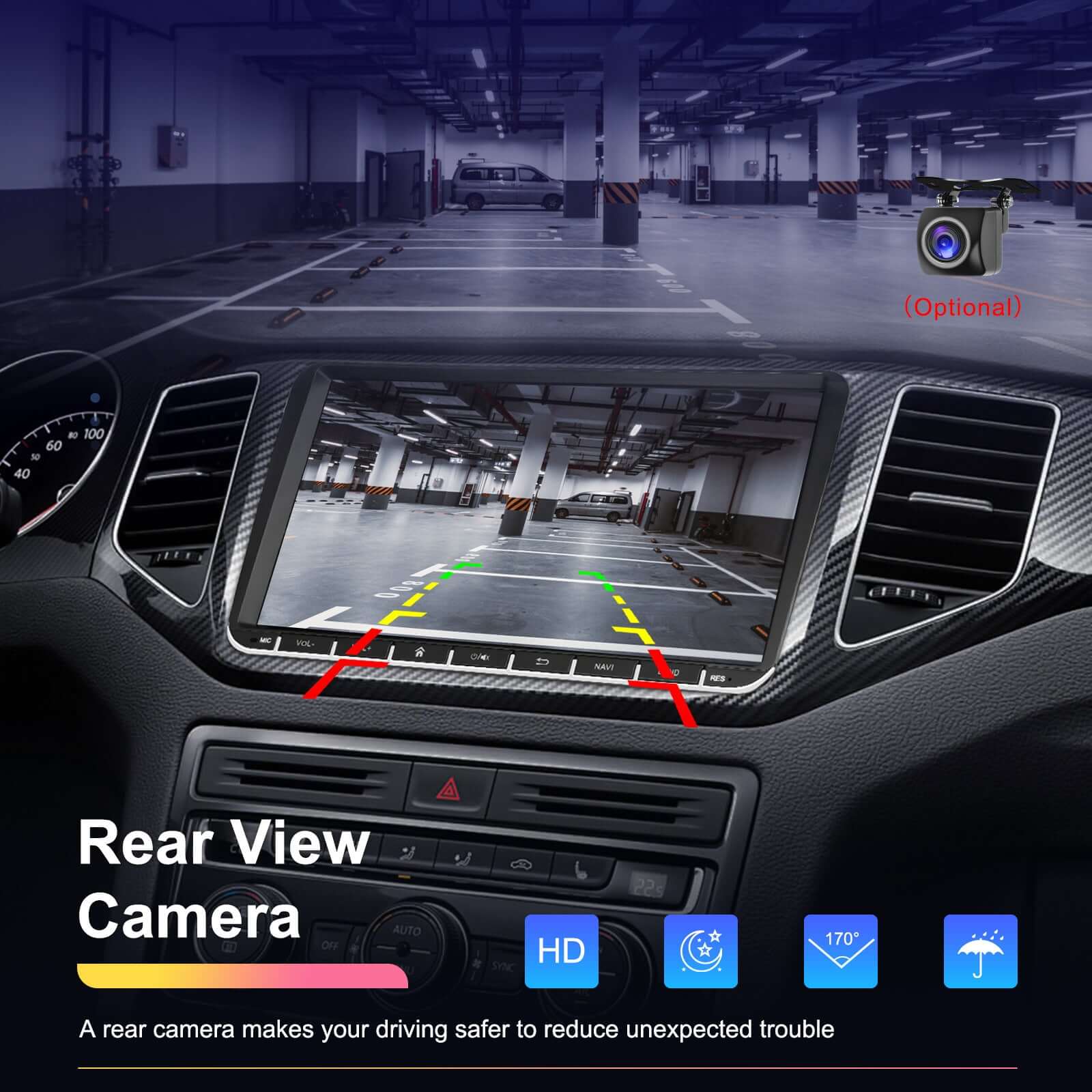 Car mounted central control with large screen displaying rear view camera in parking lot for safe driving.
