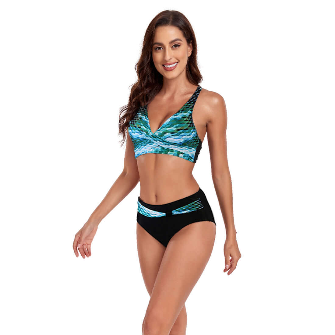 Stylish blue and black beach split swimsuit for women, featuring a halter top and high-waisted bottom, perfect for summer.