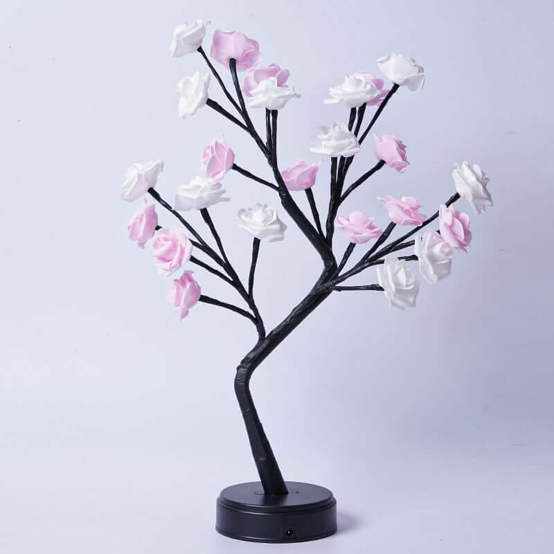 USB powered rose tree lamp with pink and white flowers, perfect for romantic home decor and gifts.