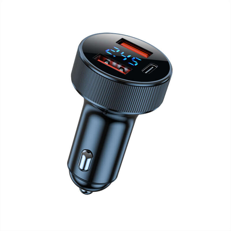Multifunction car charger with digital display, 54W power, and three USB ports, in black aluminum alloy.