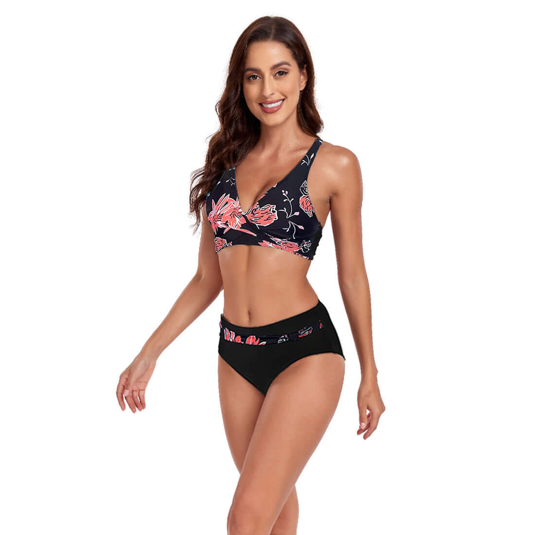 New Beach Split Swimsuit for women featuring a floral halter bikini in black and pink, perfect for summer and sports.
