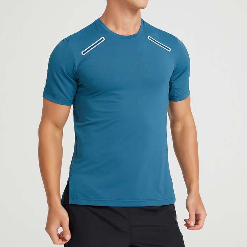 Men's quick-drying short sleeve T-shirt in peacock blue for outdoor activities and sports.