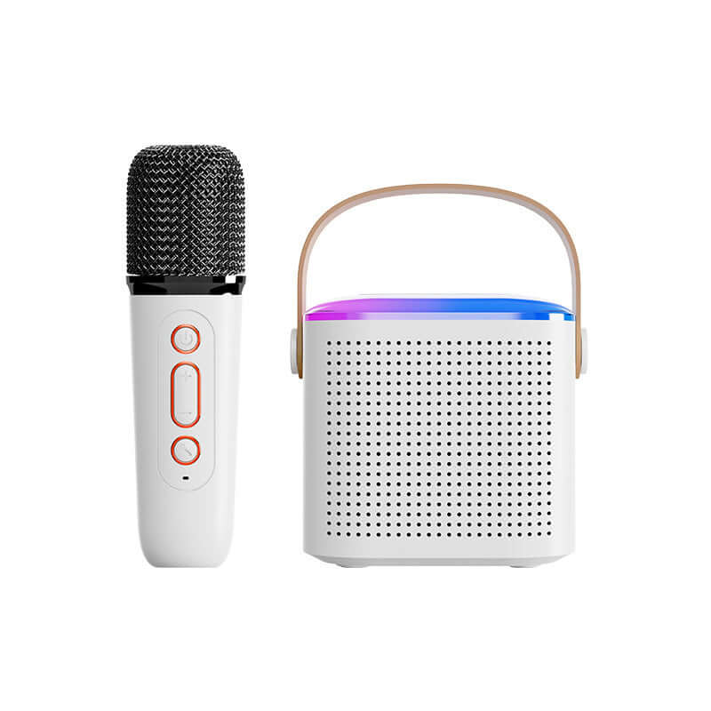Wireless microphone and portable Bluetooth karaoke speaker with RGB lights for family singing.