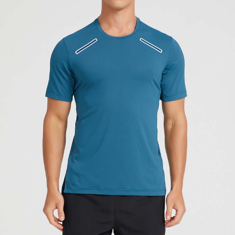 Men's quick-drying outdoor T-shirt in peacock blue, short sleeves, ideal for athletic activities.