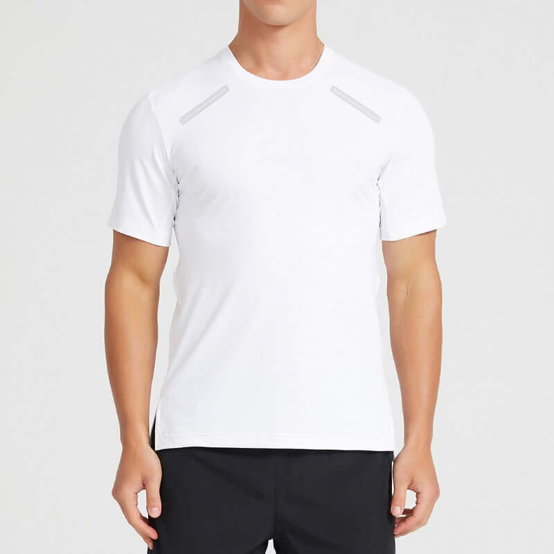 Men's outdoor quick-drying t-shirt in white, featuring short sleeves and a stylish design for active wear.