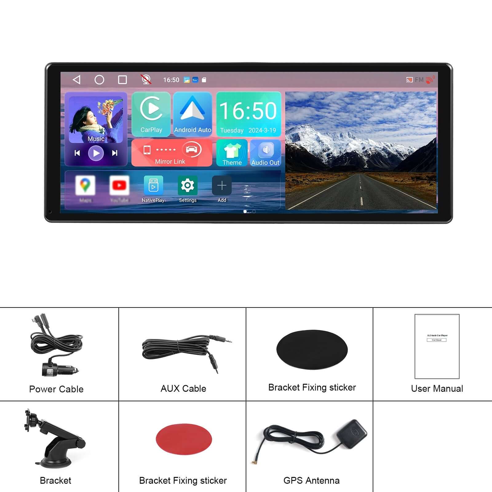 Full Touch HD Android 130 PND WiFi Version2 CarPlayAuto Display with accessories including power cable and GPS antenna.