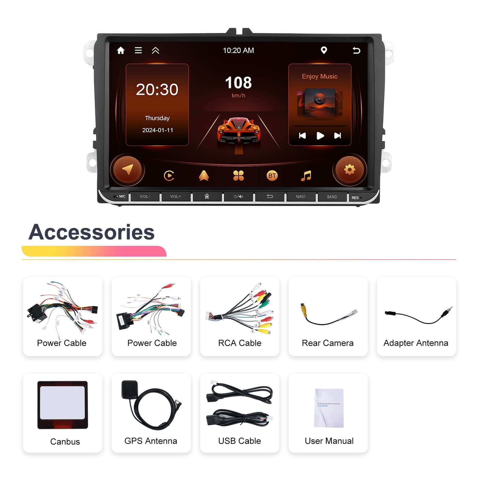 Vehicle navigation player display with touchscreen, accessories, and various cables shown below.