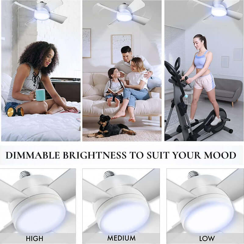 Collage of a dimmable socket fan light in various settings showing brightness options: high, medium, and low.