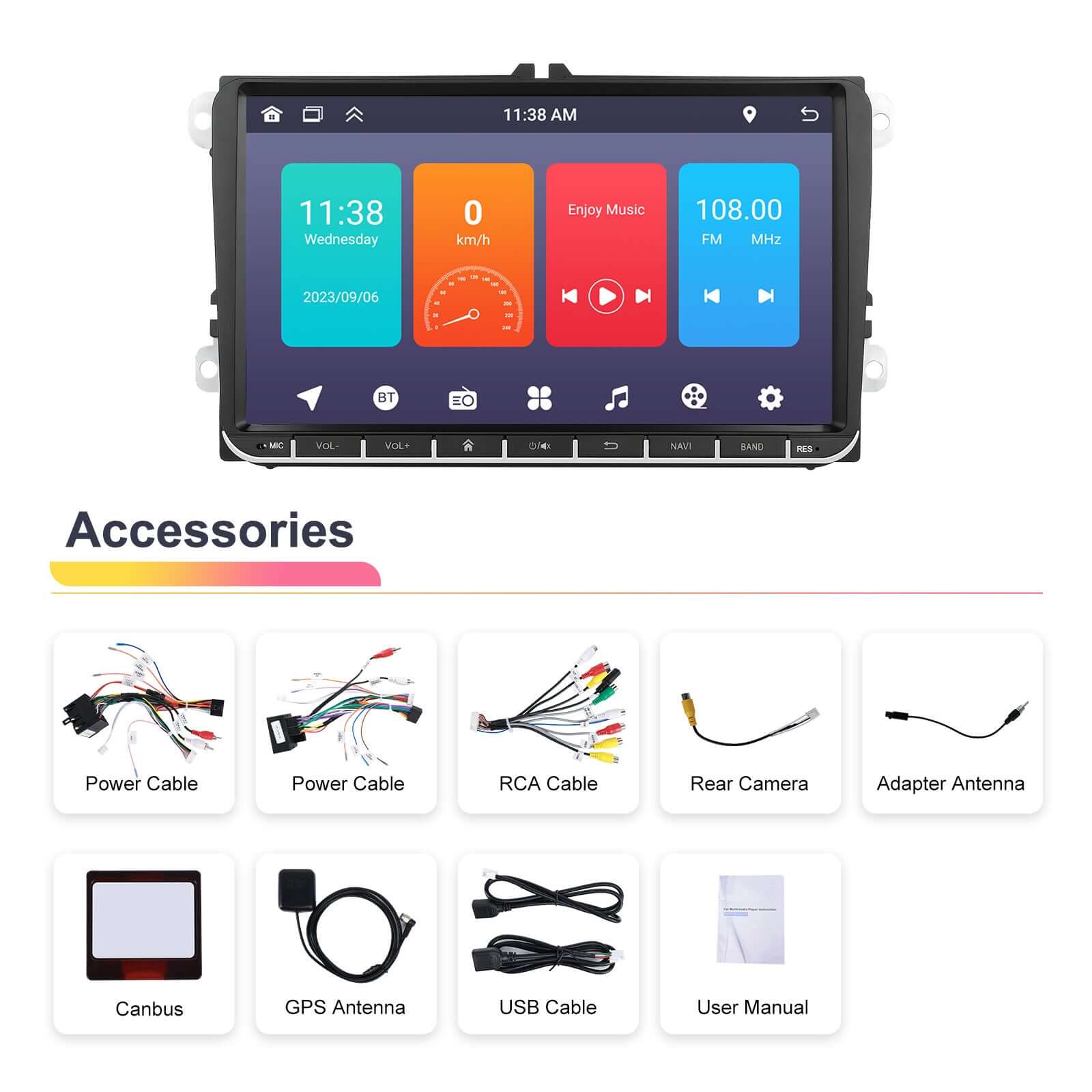 Car mounted central control machine with large screen display, GPS navigation, and various accessories.